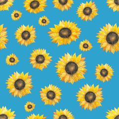 Watercolor seamless pattern with sunflowers. Hand drawn, natural yellow-orange flowers. Summer pattern on blue background