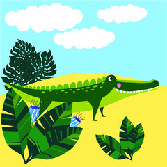 crocodile vector illustration cartoon style, palm leaves sky landscape