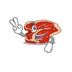 A joyful T-bone cartoon mascot style show two fingers pose