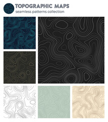 Topographic maps. Amazing isoline patterns, seamless design. Radiant tileable background. Vector illustration.