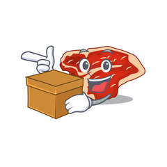 A smiling T-bone cartoon mascot style having a box
