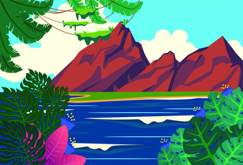 tropical Bay landscape mountains vector illustration, cartoon style