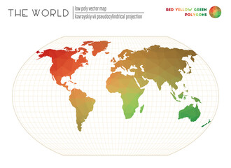 Abstract world map. Kavrayskiy VII pseudocylindrical projection of the world. Red Yellow Green colored polygons. Neat vector illustration.
