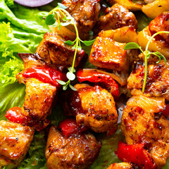 Grilled szaszlyk and meat flares with green salad