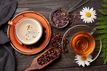 Herbal tea in teapot and cup and espresso coffee - obrazy, fototapety, plakaty
