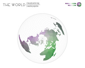 Low poly world map. Wiechel projection of the world. Purple Green colored polygons. Energetic vector illustration.