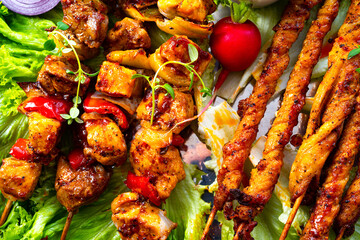 Grilled szaszlyk and meat flares with green salad