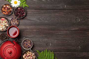Various herbal tea, teapot and cup