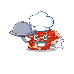 mascot character style of T-bone chef serving dinner on tray