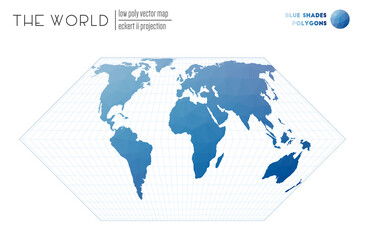 Low poly world map. Eckert II projection of the world. Blue Shades colored polygons. Modern vector illustration.