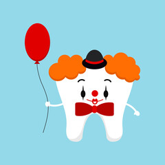 Tooth in Halloween carnival clown costume vector icon. Cute clown tooth with balloon and bow tie - dental character for dentist halloween party card. Flat design cartoon style illustration.