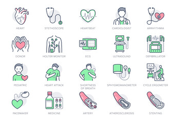 Cardiology line icons. Vector illustration included icon as heart attack, ecg, doctor, pacemaker, defibrillator outline pictogram for cardiovascular clinic. Editable Stroke, Green Color - obrazy, fototapety, plakaty