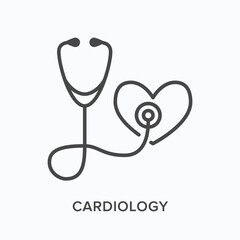 Stethoscope with heart flat line icon. Vector outline illustration of listening to heartbeat. Cardiovascular, cardiology clinic thin linear medical pictogram