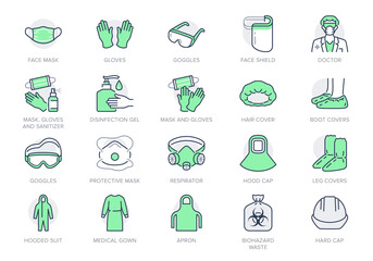 Medical PPE line icons. Vector illustration included icon as face mask, gloves, doctor gown, hair cover, biohazard waste, outline pictogram of protective equipment. Editable Stroke, Green Color