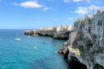 Fototapeta premium Overview of the coast and blue sea of Polignano a Mare, Puglia, Italy