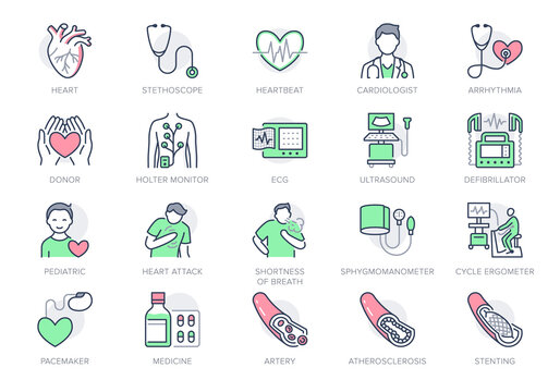 Cardiology Line Icons. Vector Illustration Included Icon As Heart Attack, Ecg, Doctor, Pacemaker, Defibrillator Outline Pictogram For Cardiovascular Clinic. Editable Stroke, Green Color