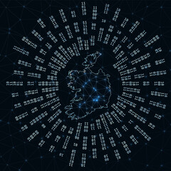 Ireland digital map. Binary rays radiating around glowing country. Internet connections and data exchange design. Vector illustration.