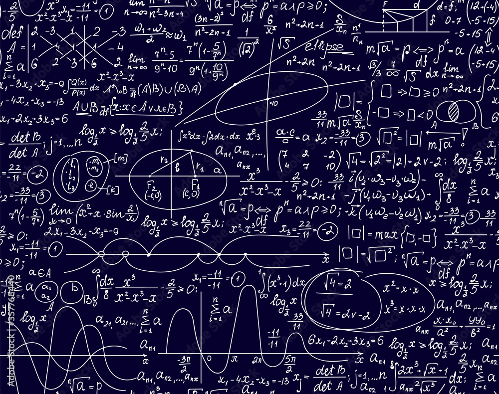 Sticker education vector seamless pattern with math and physics handwritten formulas, equations and calculat