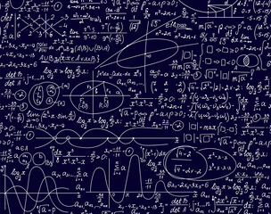 Education vector seamless pattern with math and physics handwritten formulas, equations and calculations, handwritings on a chalkboard effect