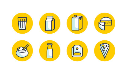 Dairy products icons set - milk glass, cheese, sour cream, kefir bottle and other milk packaging - vector collection