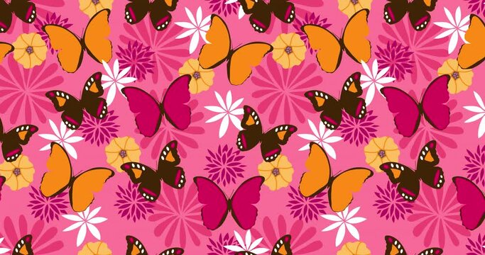 Jungle seamless pattern with butterflies, flowers on pink background. Loop animation 4K