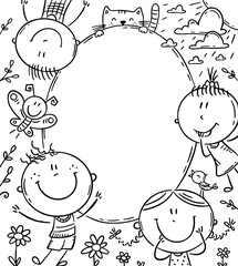 oval frame with happy doodle kids with a copy space for your design, coloring page vector illustration