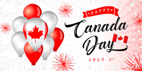 Happy Canada Day greeting banner. Isolated abstract graphic design template. Light, bright colors. Calligraphic lettering. Decorative brush calligraphy, flag balloons. Holiday red and white background