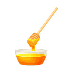 Glass Bowl Full of Honey and Dipper with Sticky Drops Vector Illustration