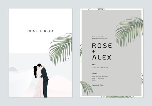 Minimalist, foliage wedding invitation card template design, wedding photo decorated with indoor palm leaves