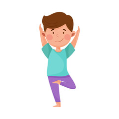 Little Boy Standing in Yoga Pose Breathing Deeply Vector Illustration