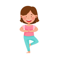 Cheerful Girl Character Standing in Yoga Pose or Stance Breathing Deeply Vector Illustration