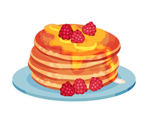 Pile of Hot Pancakes with Melting Butter and Raspberries Vector Illustration