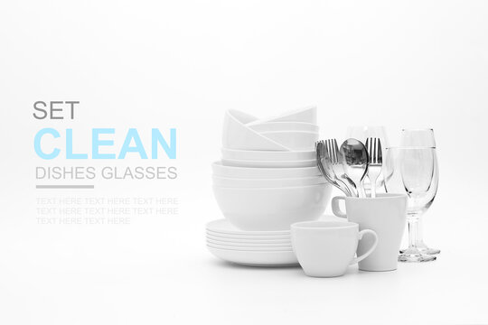 Set Clean Dishes Glasses On White