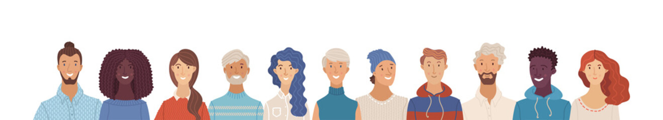 Multicultural happy adult men and women standing together