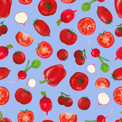 seamless square print of red vegetables (tomato, tomato slices, in front of bulgarian, cherry tomato, radish) hand-drawn with gouache paints in a realistic style. Raster illustration isolated on blue