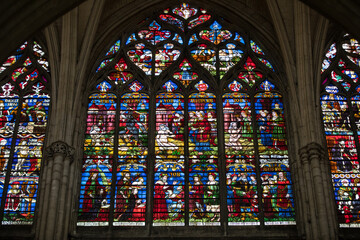  Colorful stained glass windows in Troyes Cathedral  dedicated to Saint Peter and Saint Paul. France.