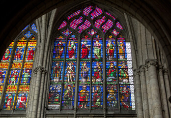  Colorful stained glass windows in Troyes Cathedral  dedicated to Saint Peter and Saint Paul....