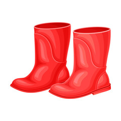 Pair of Red Rubber Boots for Walking Outside in Rainy Weather Vector Illustration