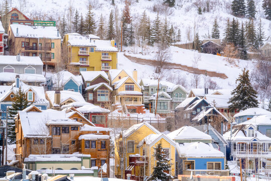 Beautiful Homes Sitting On Snow Covered Hill In Park City Utah Viewed In Winter