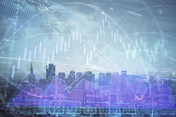 Forex graph on city view with skyscrapers background multi exposure. Financial analysis concept.