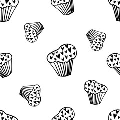 heart-shaped cupcake. Vector traced doodle illustration of a stylized cupcake on the theme of love and romance. Black and white drawing of dessert for valentines day