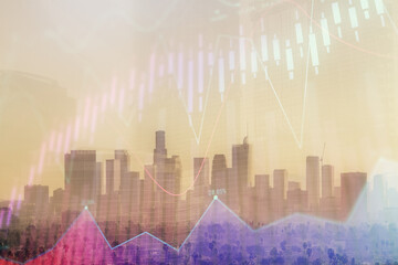 Forex chart on cityscape with skyscrapers wallpaper double exposure. Financial research concept.