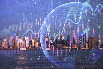 Forex chart on cityscape with tall buildings background multi exposure. Financial research concept.