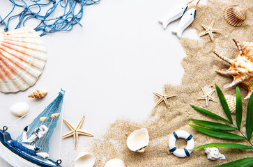 Seashells on sand. Travel concept