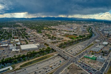 Fototapeta na wymiar Aerial View of Denver skyline with Traffic on Rainy Day