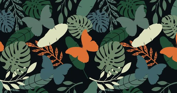 Seamless tropical vector pattern with butterflies and exotic palm leaves on dark background. Loop animation 4k