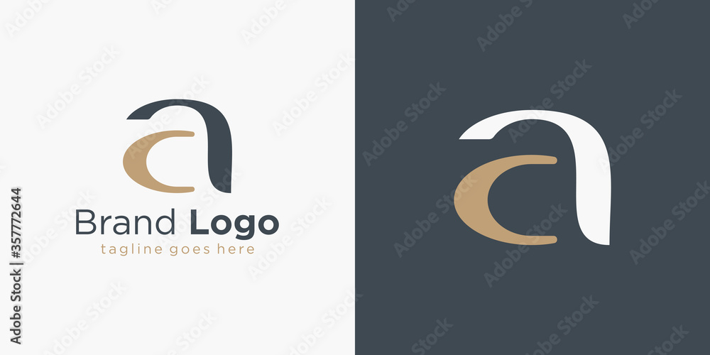 Poster initial letter c and a linked logo. black gold handwriting calligraphic shape isolated on double bac