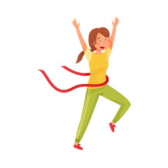 Happy Woman Character in Sportswear Running and Crossing Finishing Line Vector Illustration