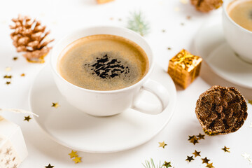 coffee on christmas table with christmas decorations top view