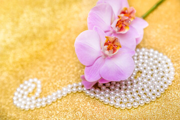 purple Orchid and pearl necklace on a shiny gold background
